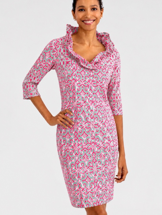Gretchen Scott Designs Dresses & Skirts - Gretchen Scott Ruff Neck 3/4 Sleeve Sheath Dress Pink Turquoise Print Sz Small